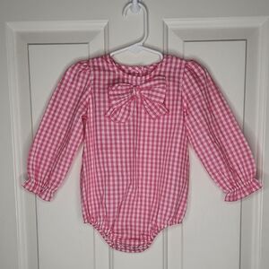 Beaufort Bonnet Company Beatrice Bow Hamptons Hot Pink Gingham Onesie 6-12M